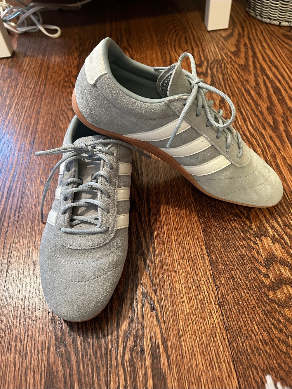 adidas Womens Light Gray Suede Sneakers with White Stripes